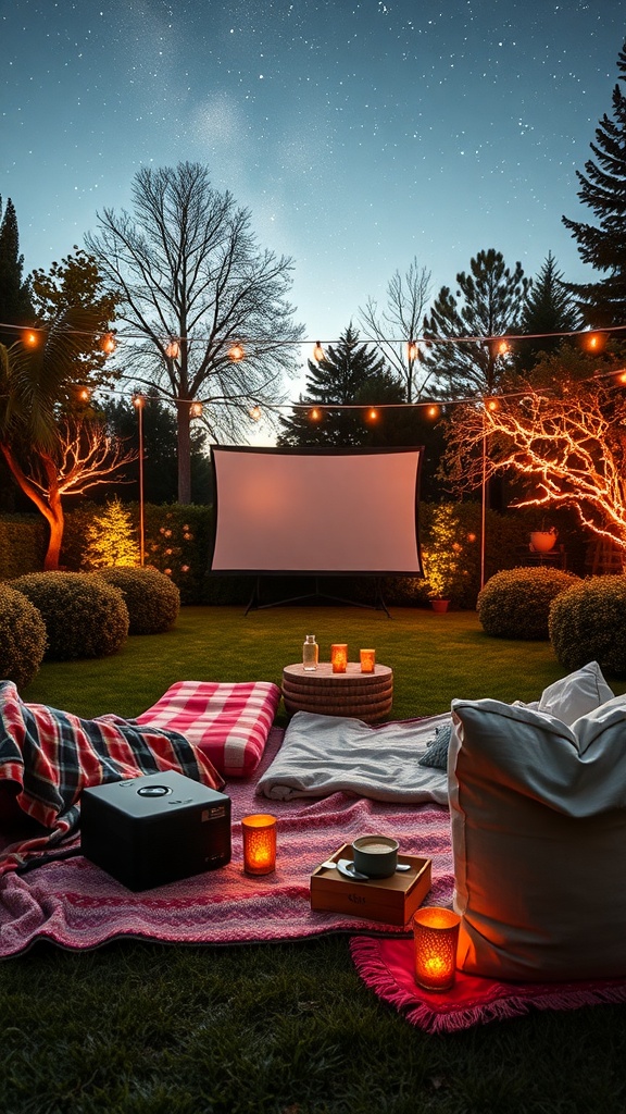 A cozy outdoor movie setup with a projector, screen, blankets, and string lights.