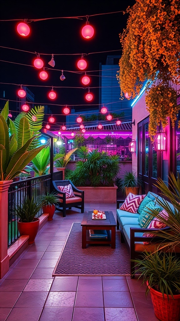 A vibrant outdoor patio decorated with pink neon lights, comfortable seating, and potted plants.