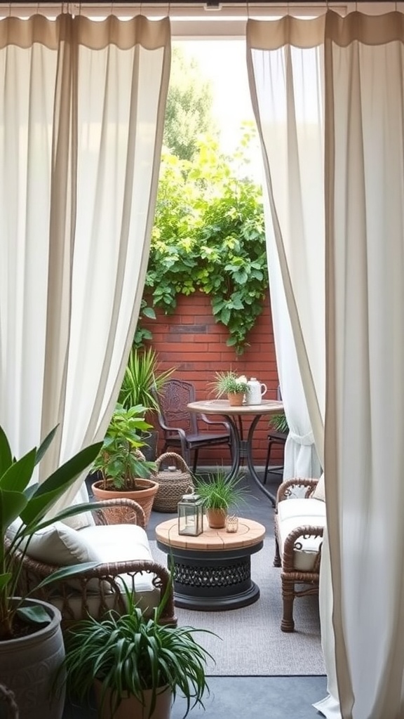 A cozy outdoor patio with linen curtains, plants, and a small table.