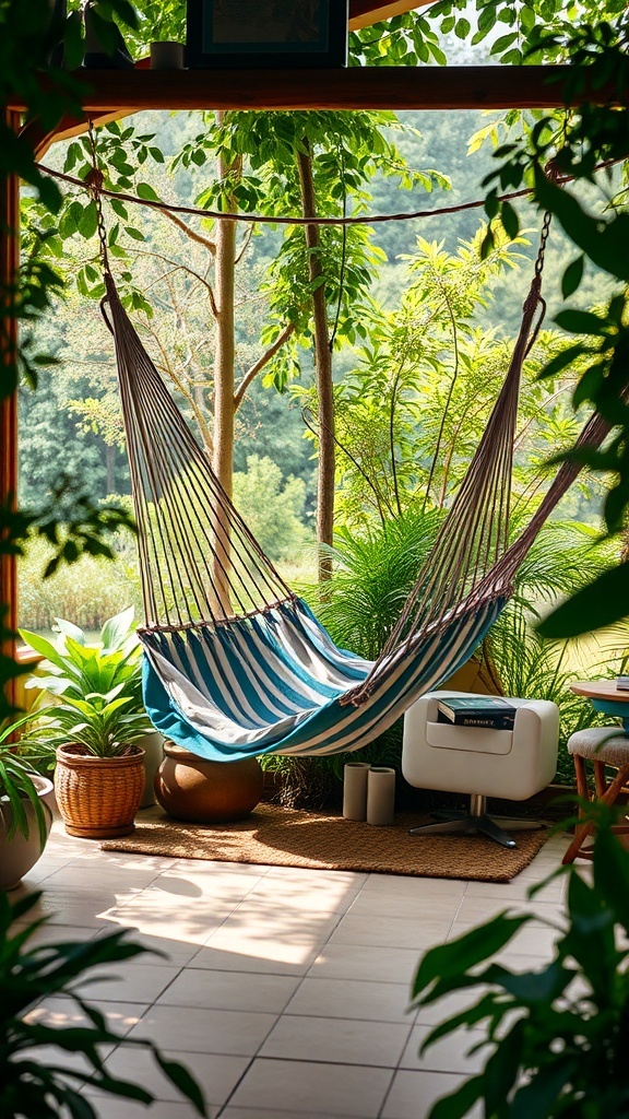 A cozy outdoor reading nook featuring a hammock surrounded by lush greenery.