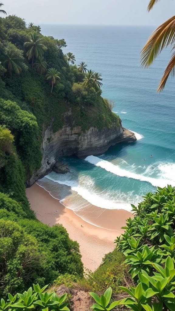A beautiful view of Padang Padang Beach, showcasing its sandy shore, turquoise waters, and lush greenery.