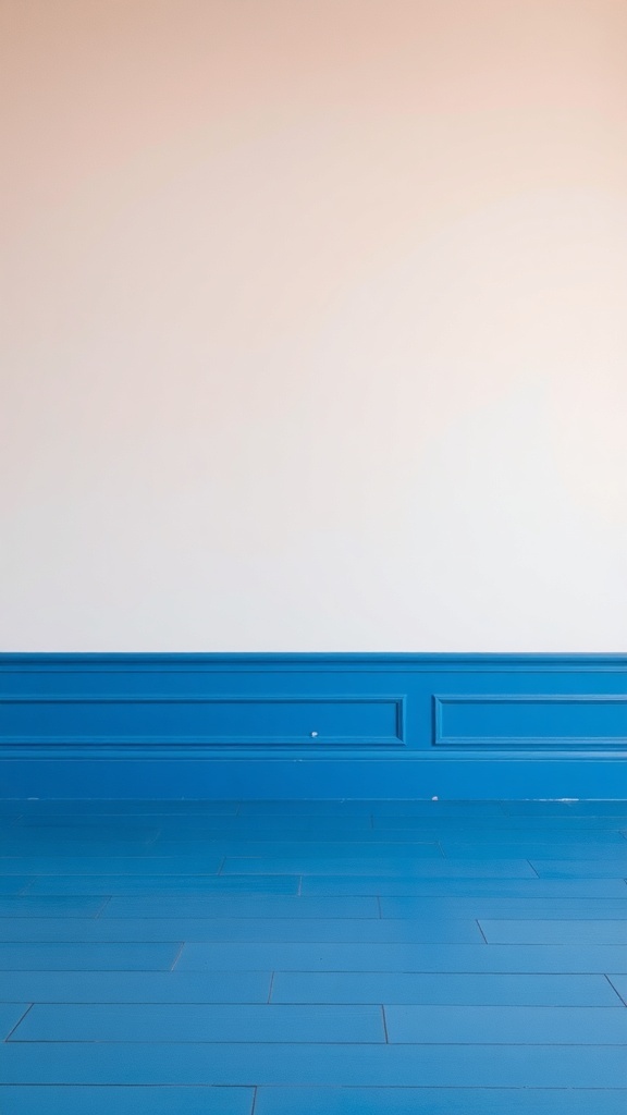 Bright blue painted baseboards against a light wall