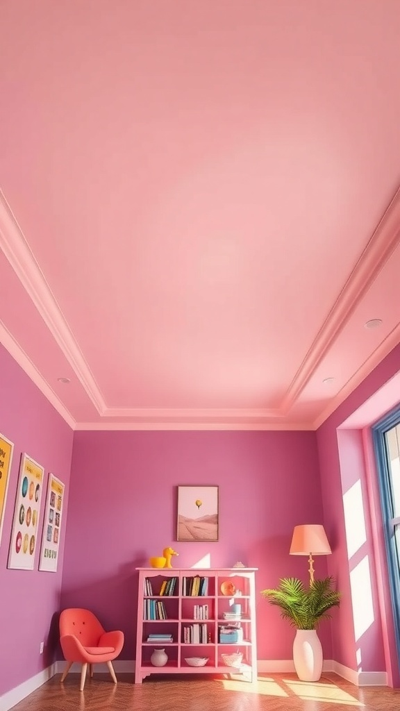 A room with pink ceiling molding and purple walls, featuring a cozy chair and a colorful bookshelf.