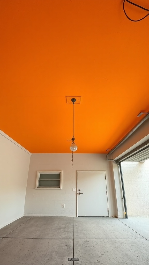 A garage with a bright orange ceiling, showcasing a lively and inviting atmosphere.