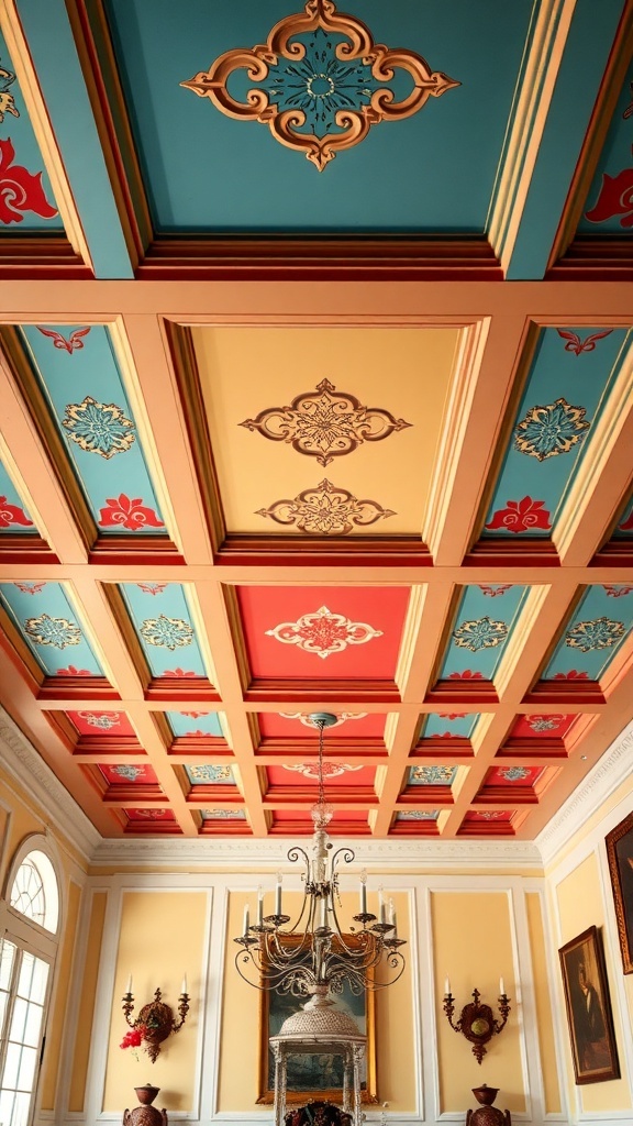 A beautifully painted coffered ceiling featuring blue, red, and gold accents.
