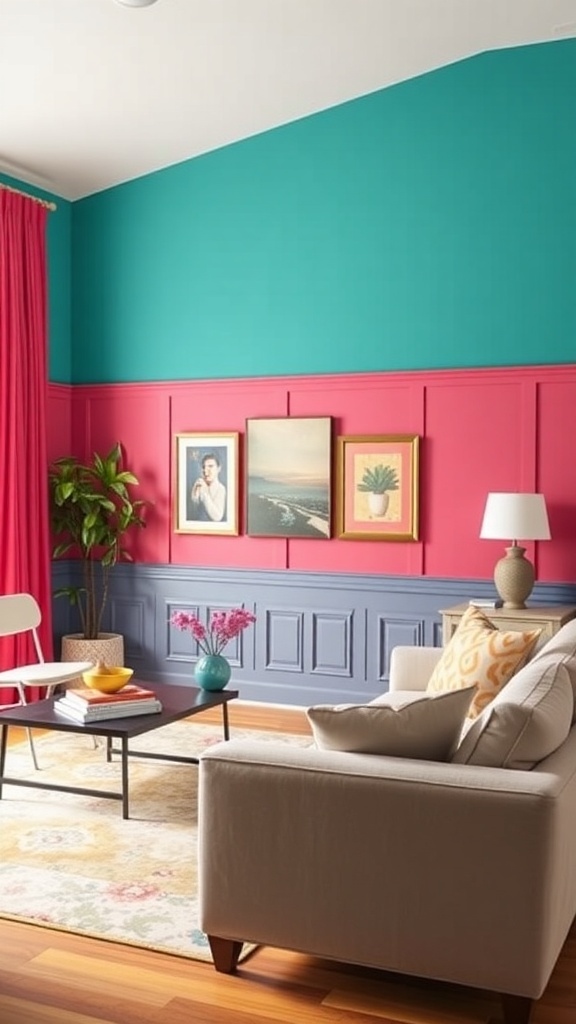 A living room featuring painted wainscoting in pink and teal, with artwork and decorative elements.