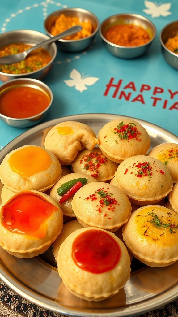 A platter of Pani Puri with colorful toppings and sauces
