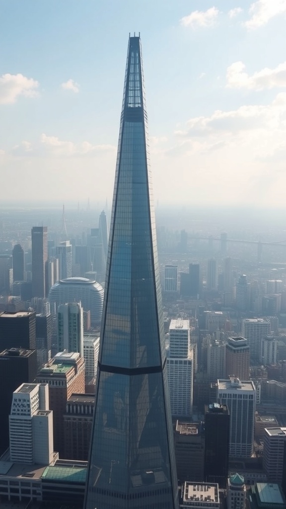A view of The Shard, a tall glass skyscraper in London, with a clear sky and cityscape in the background.