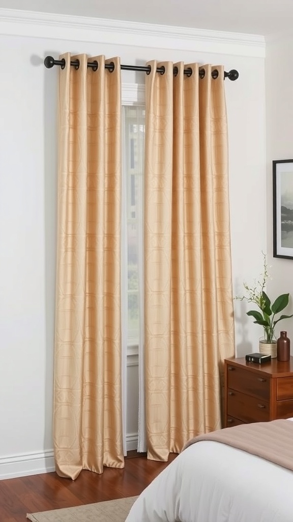 Beige curtains with a subtle texture hanging in a bright room