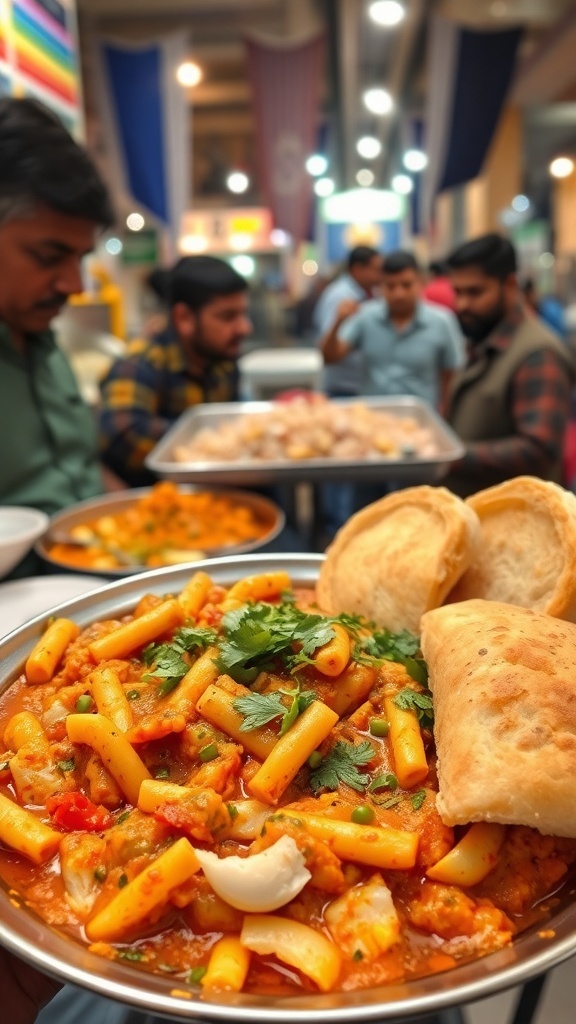 A plate of Pav Bhaji with soft bread rolls, garnished with coriander, set in a bustling street food environment.
