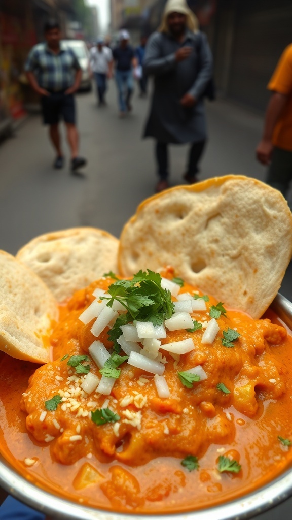 A bowl of Pav Bhaji with bread rolls, topped with coriander and onions, set against a busy street backdrop.