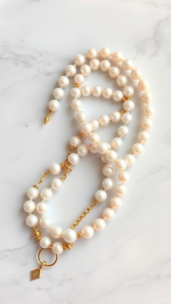 A pearl necklace with gold accents, showcasing a luxurious design.