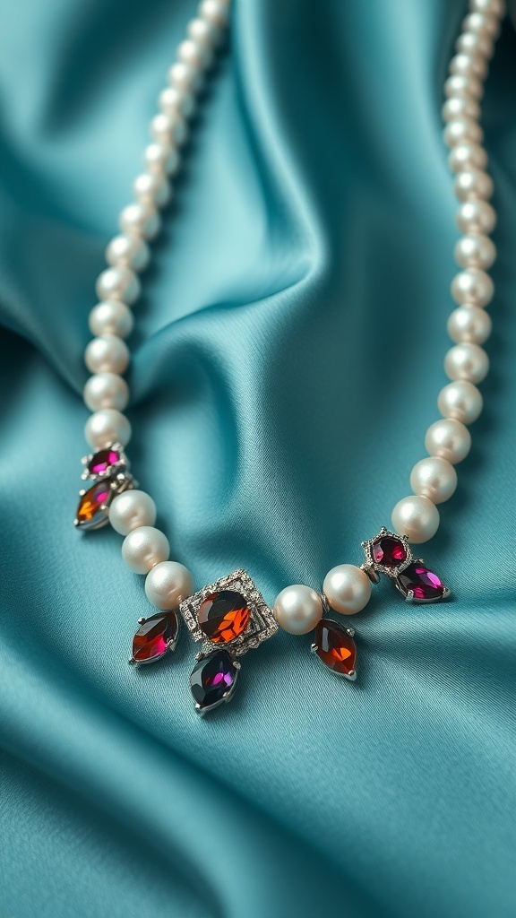A pearl necklace with colorful gemstone accents on a turquoise background.