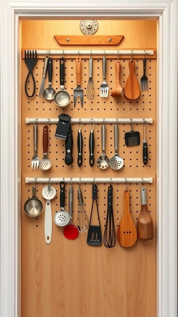 Pegboard on a pantry door displaying various kitchen utensils organized neatly.