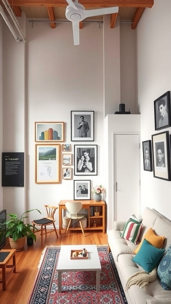 Stylish small loft apartment with personalized decor, featuring framed art and photos on the walls.