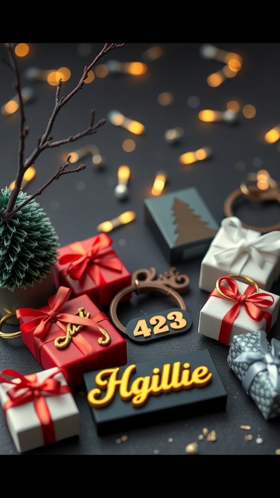 An assortment of colorful 3D printed gifts, including boxes and name tags, arranged with decorative elements.