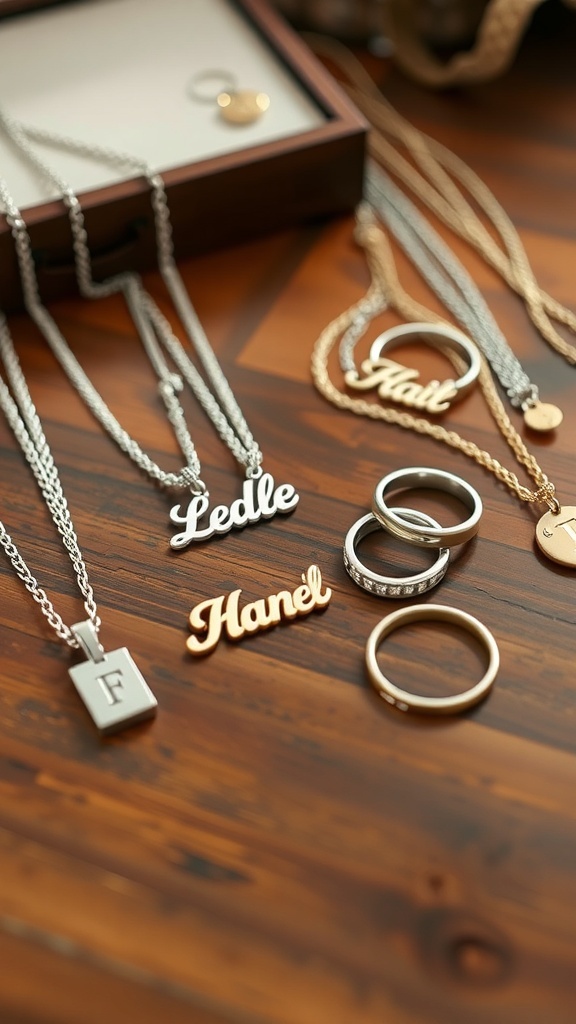 A collection of personalized jewelry including name necklaces and rings on a wooden surface.