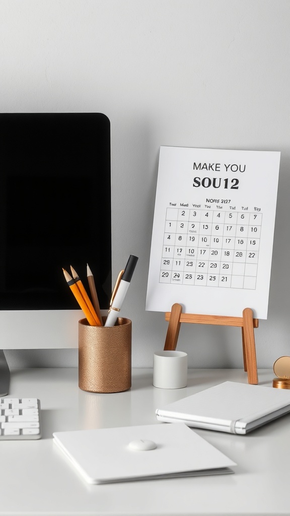 A minimal desk setup featuring a computer, a calendar, a pencil holder, and a notepad.
