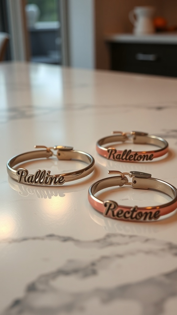Three personalized name bracelets on a marble surface, featuring the names 'Palline', 'Ralletone', and 'Rectone'.