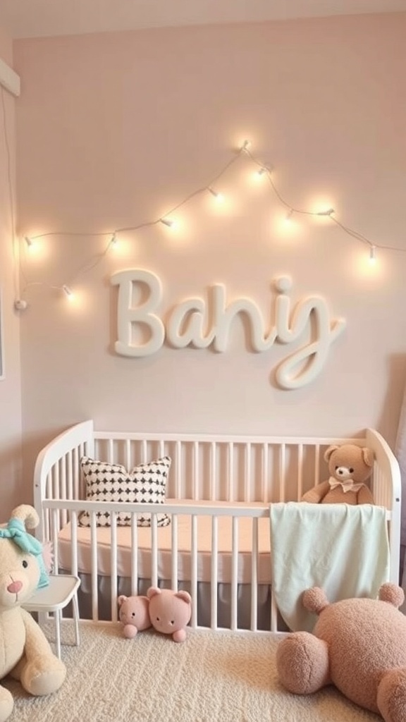 A baby room featuring personalized name decor with the name 'Baniy' on the wall, string lights, and plush toys.