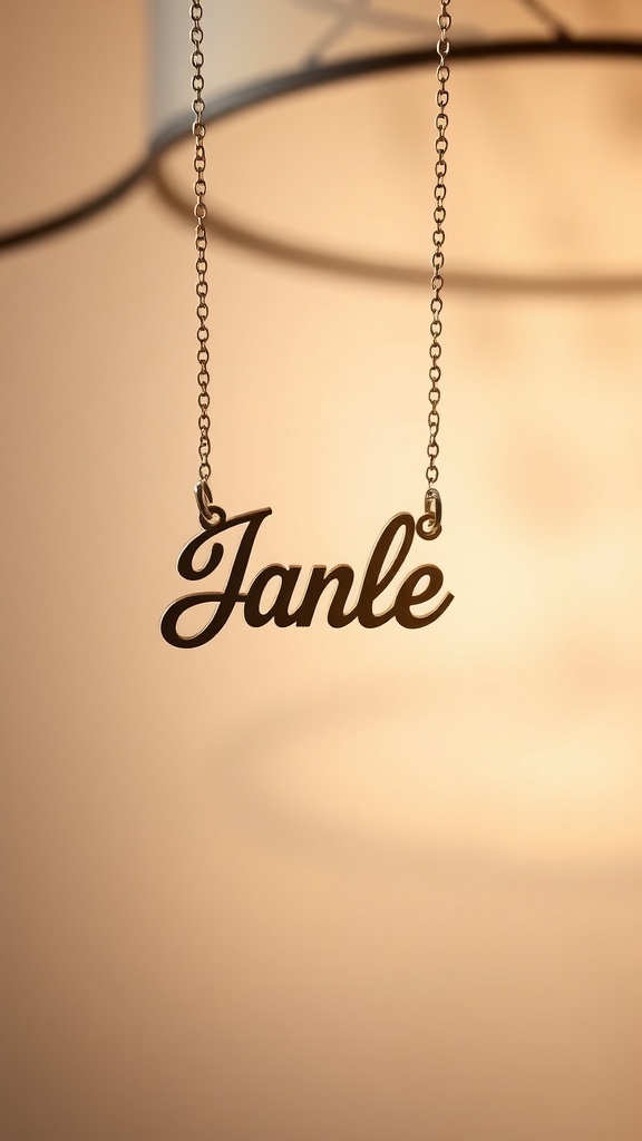 A personalized name necklace featuring the name 'Janle' in a creative font.