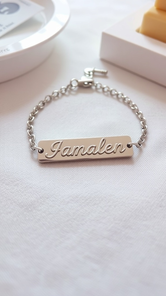 A silver personalized nameplate bracelet with the name 'Jamalem' engraved on it.