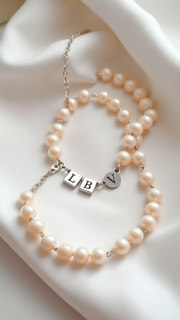 A personalized pearl necklace with initial charms on a soft fabric background.