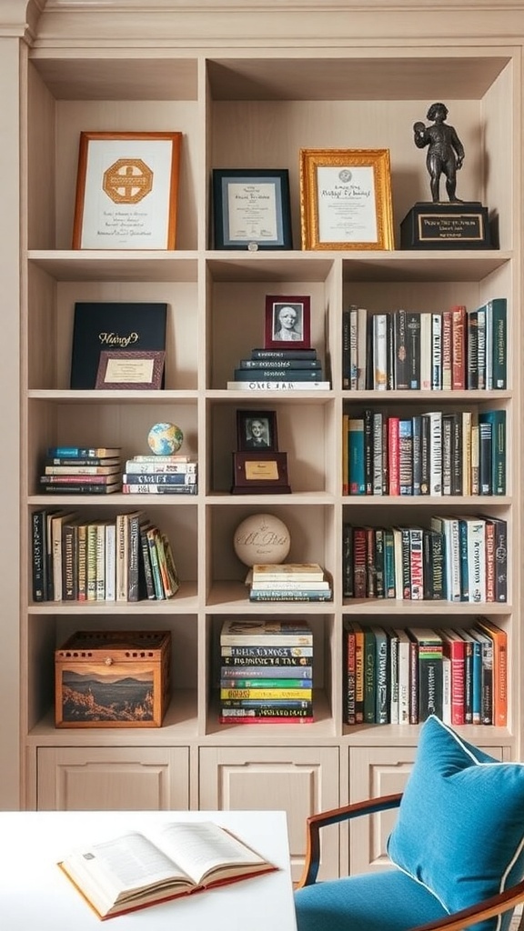 A stylish study room shelf displaying awards, books, and personal items against a dark green wall.