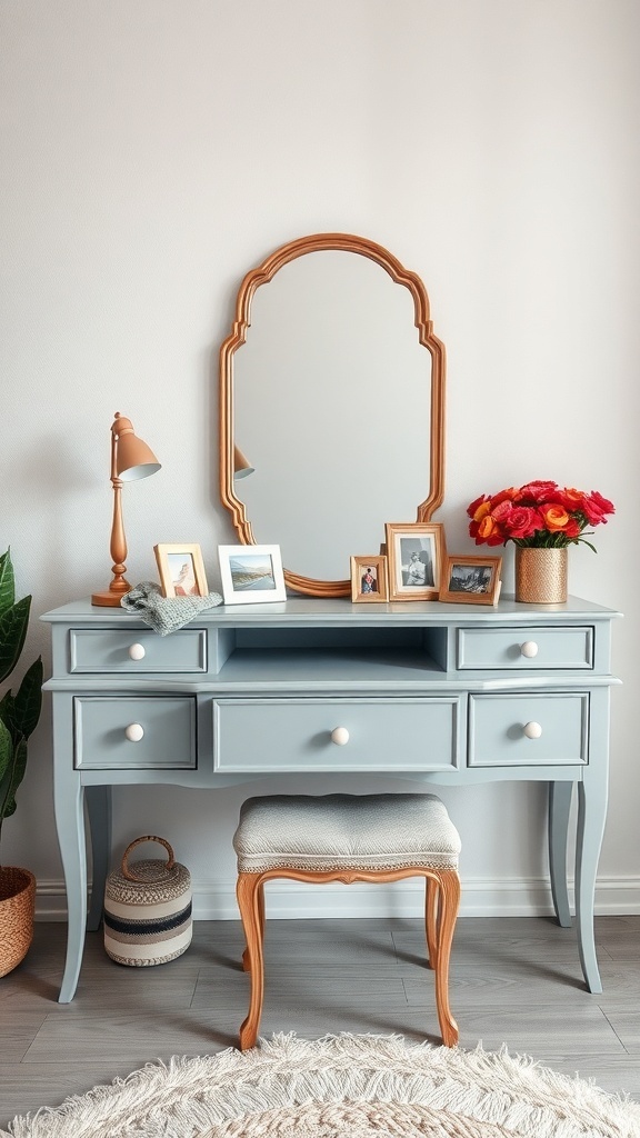 A stylish blue dressing table with a mirror, lamp, framed photos, and flowers.
