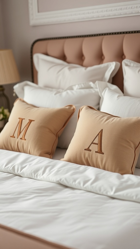 Two monogrammed pillows on a neatly made bed