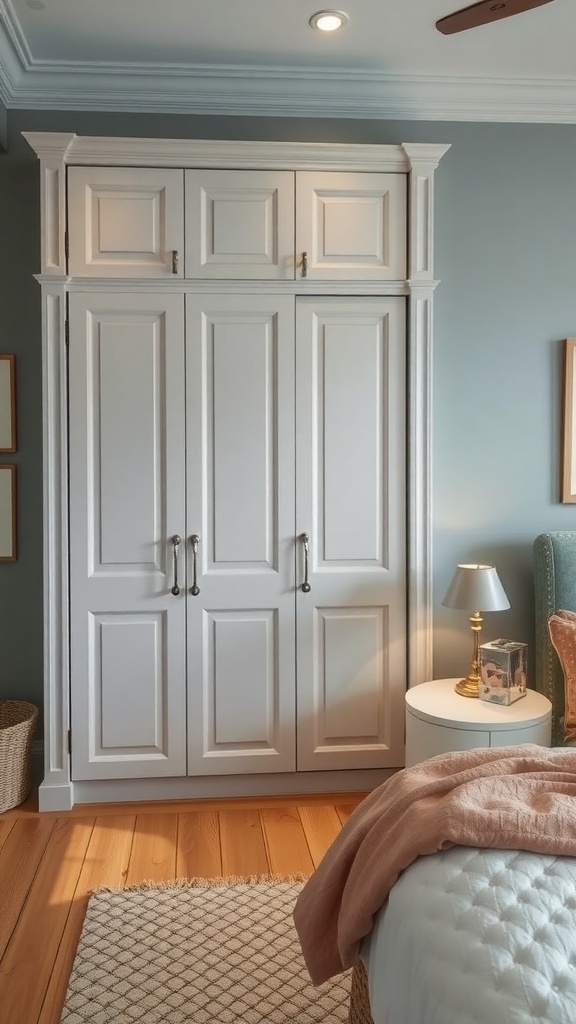A built-in wardrobe with a white finish against a light blue wall, featuring decorative panels and stylish handles.