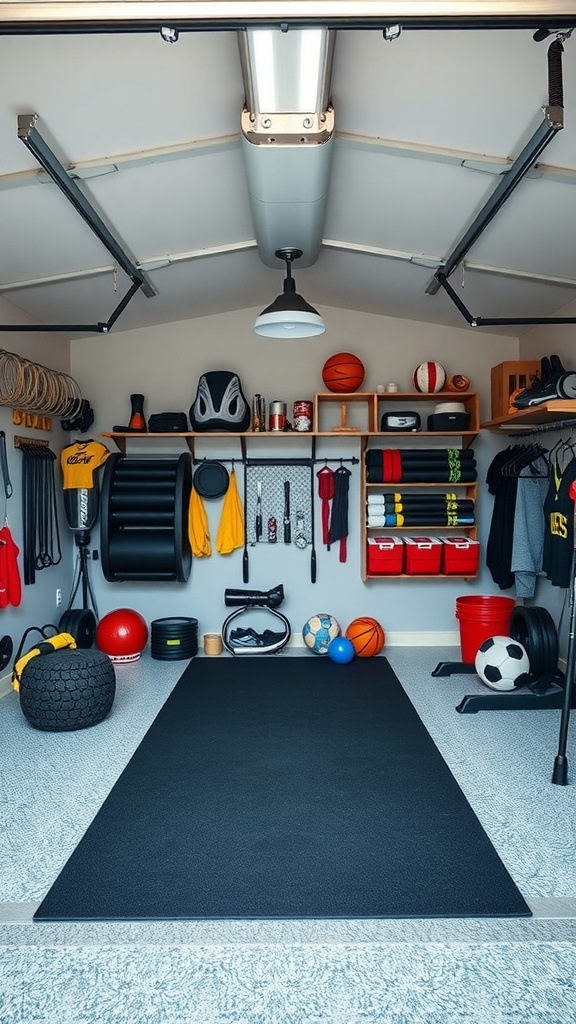 A well-organized garage gym with various sports equipment and a clean layout.