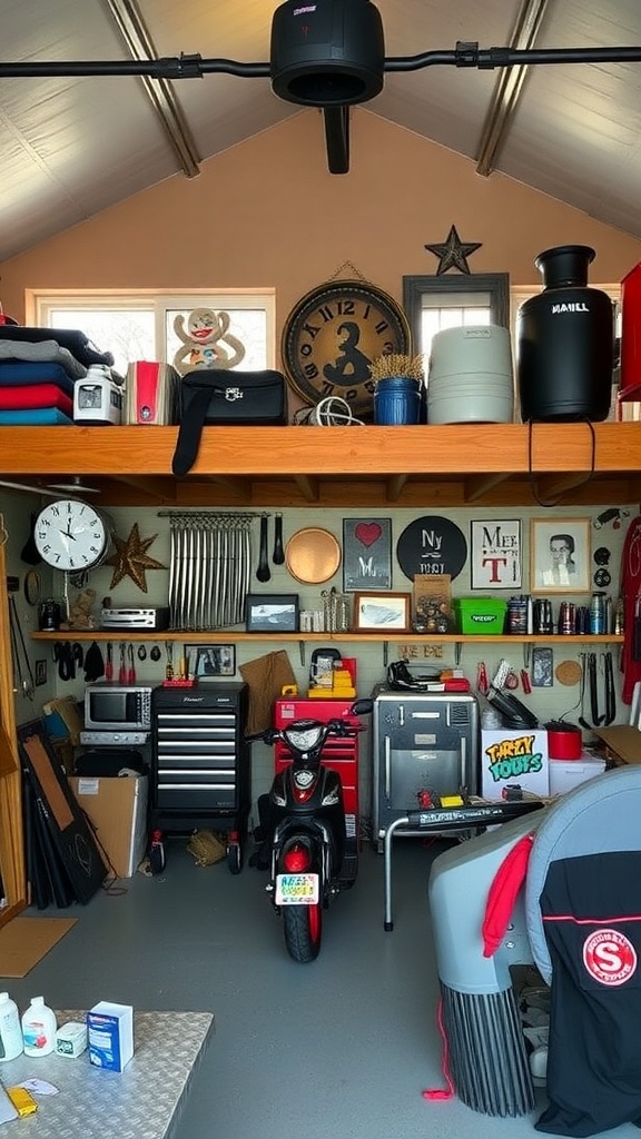 A garage loft with organized tools, decor items, and a scooter, showcasing a blend of functionality and style.