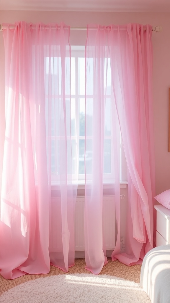 Pink tulle curtains hanging by a window, allowing soft light to enter the room.