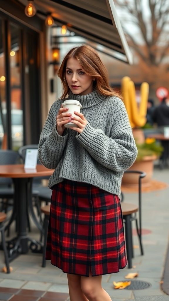 Woman in a gray chunky knit sweater and red plaid skirt holding a coffee cup.