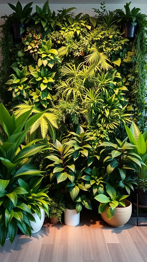 A vibrant plant wall featuring various green plants in pots, creating a natural divider in a room.