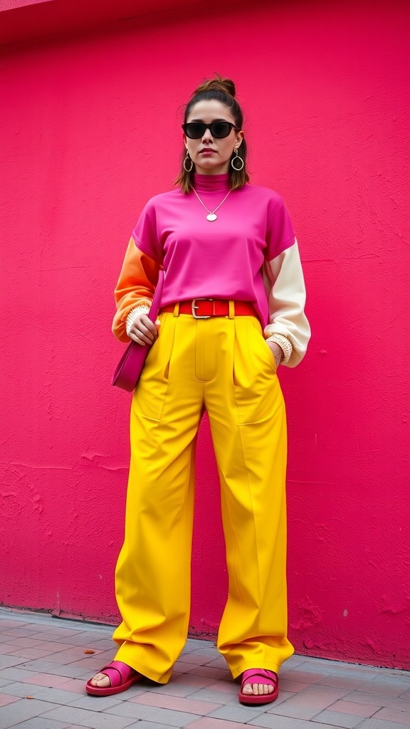 A woman in a colorful baggy outfit featuring a pink top and yellow pants against a bright pink wall.