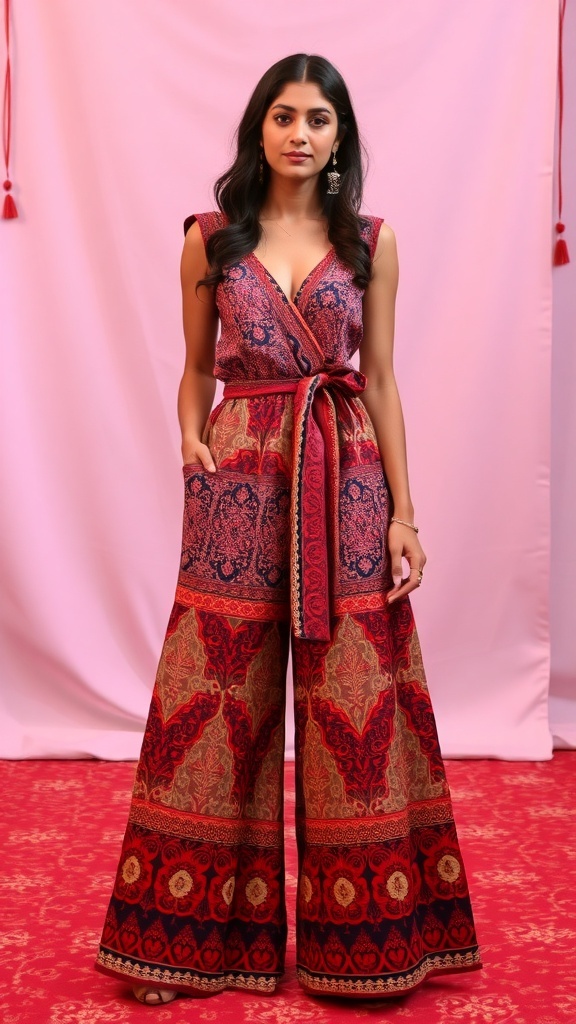 A model wearing a vibrant ethnic jumpsuit with intricate prints, perfect for a sangeet outfit.