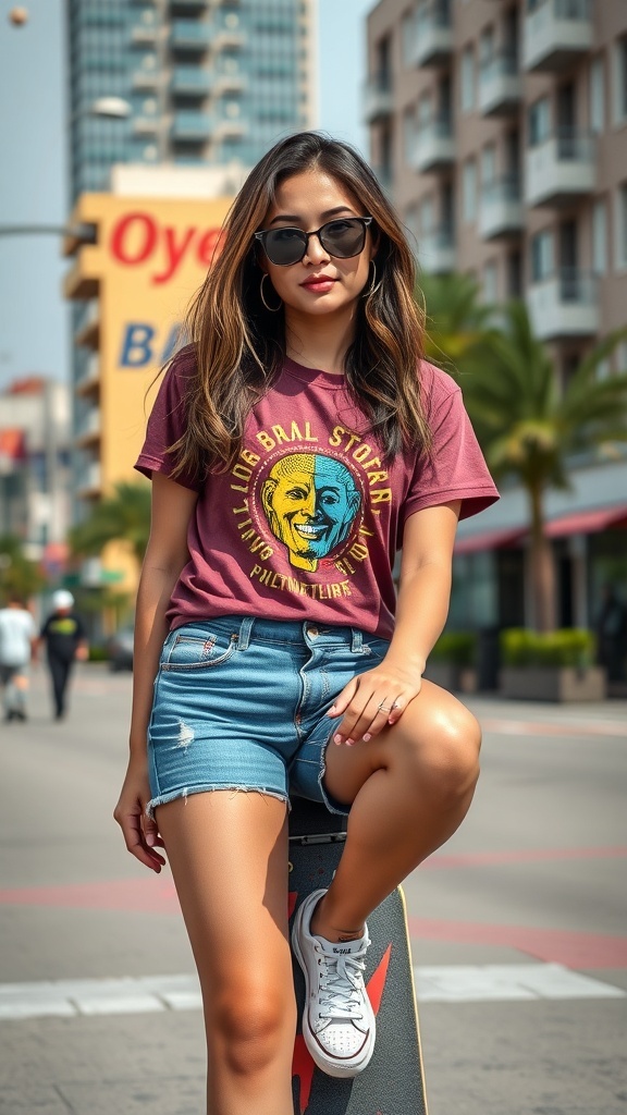 A woman wearing a maroon graphic tee and denim shorts, posing casually with sunglasses on.