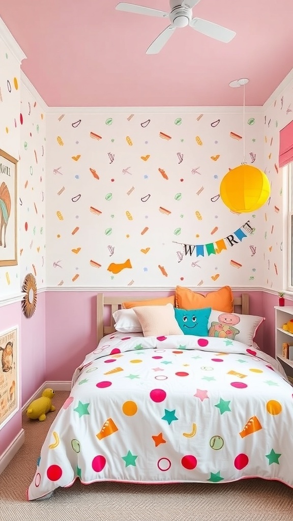 A colorful bedroom with playful patterns on the walls and bedding.