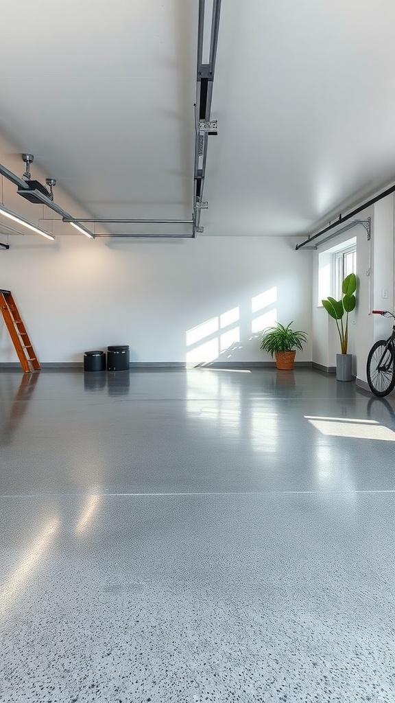 A spacious garage with a polished concrete floor, featuring a plant and minimalistic design.