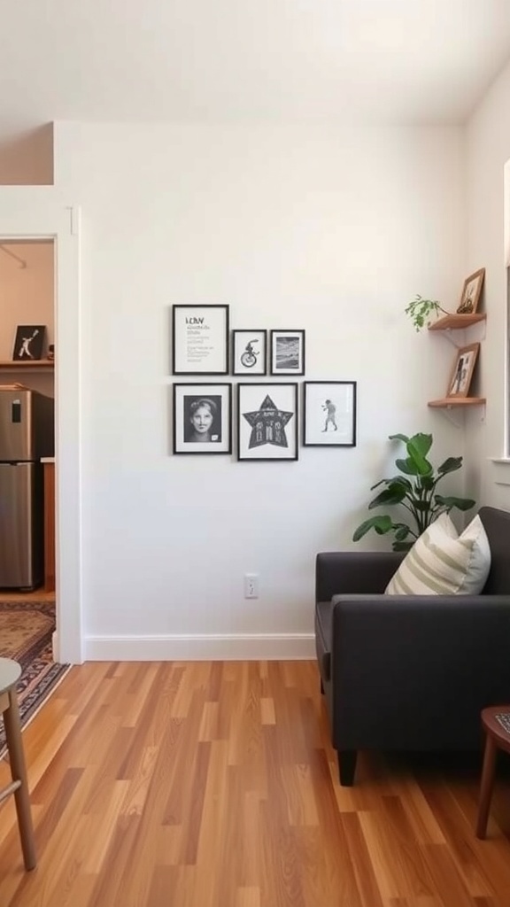 A cozy living area with framed wall art and a plant, showcasing a potential pony wall design.