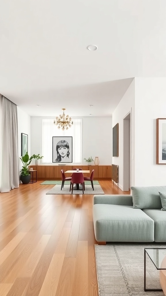 A modern living room with a pony wall separating the seating area from the dining space.