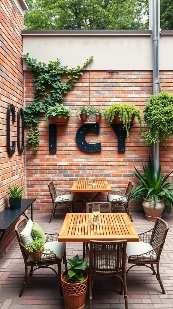 Cozy outdoor space with a brick pony wall, wooden tables, and hanging plants.