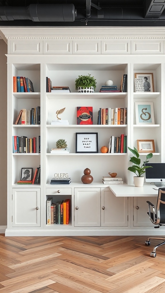 A stylish pony wall with built-in shelving, displaying books, decor, and a plant in a modern interior.