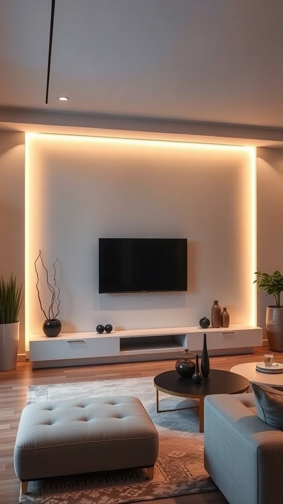 A modern living room featuring a pony wall with integrated lighting, a TV, and stylish decor.