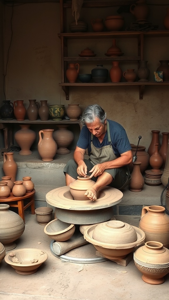 A potter shaping clay on a wheel surrounded by various pottery pieces in Avanos, Turkey.