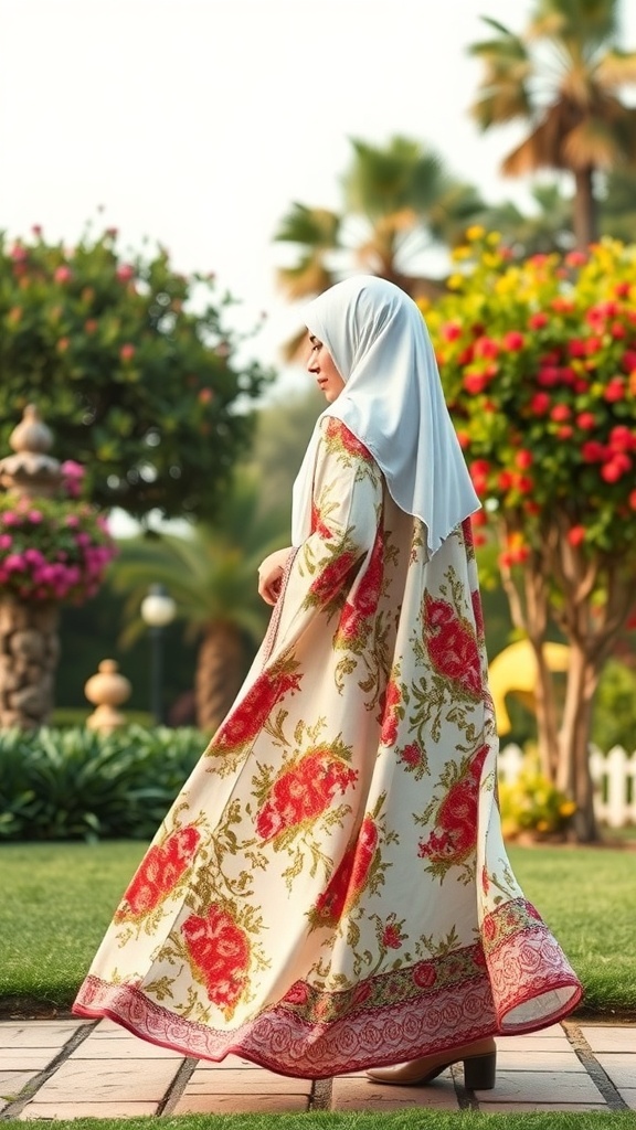 A woman wearing a printed fabric abaya with floral patterns, walking in a garden.