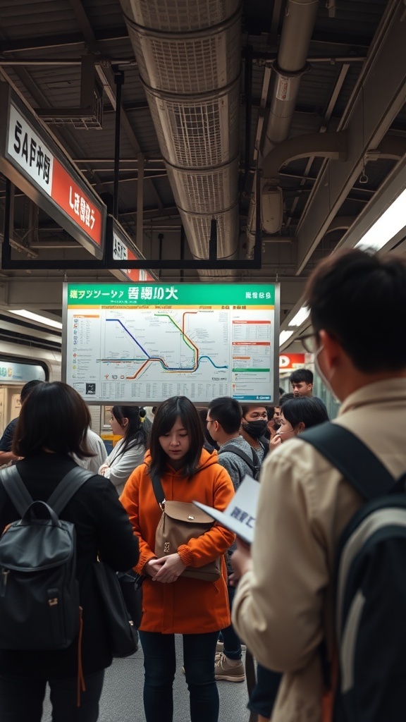 A busy subway station in Japan with people looking at a train schedule.