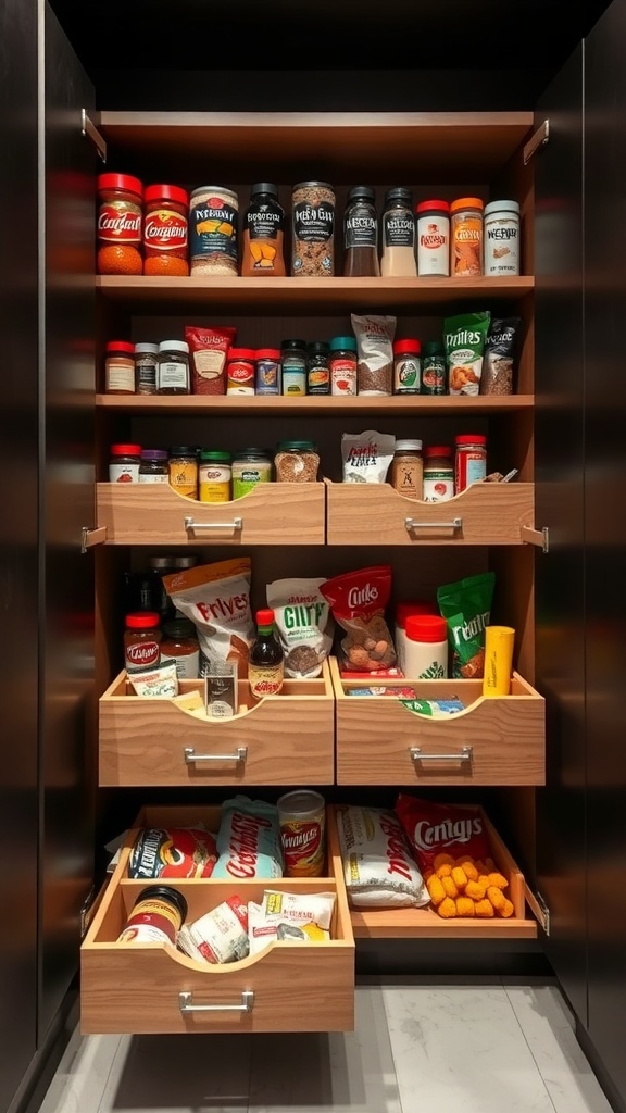 A well-organized pantry with pull-out drawers filled with various food items.